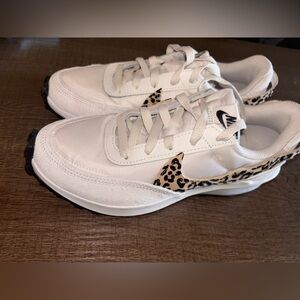 Nike White Sneakers with Leopard Print Swoosh Accent
